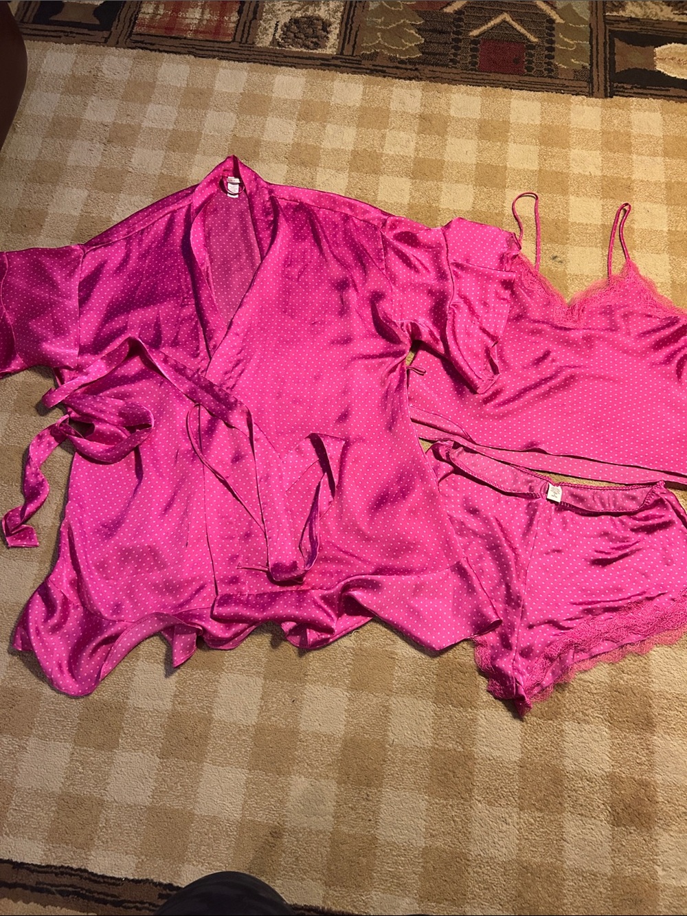 Victoria's Secret Hot Pink Satin Lace Trim Camisole, Shorts & Robe Set